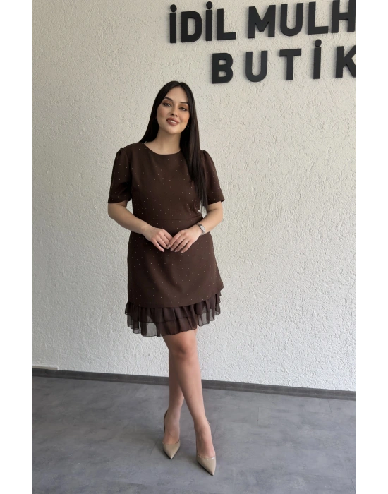 Kahverengi Taşlı Double Tül Fırfır Detaylı Elbise