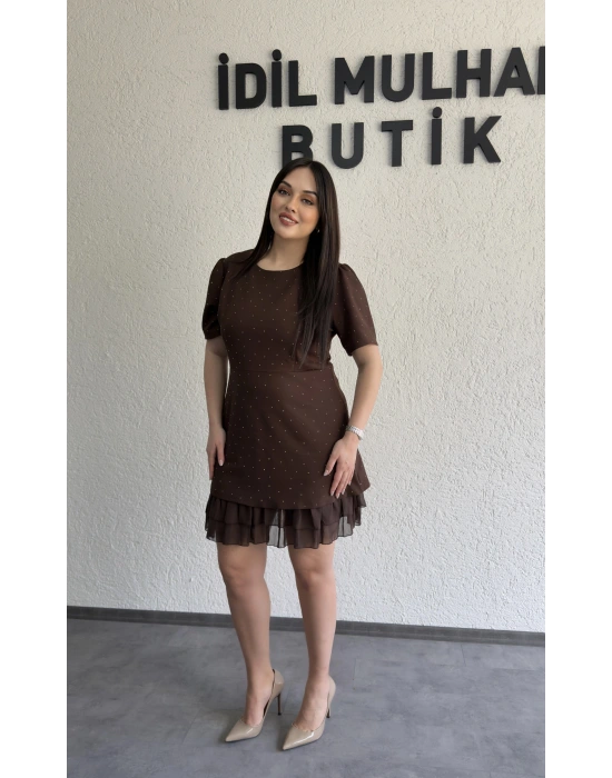 Kahverengi Taşlı Double Tül Fırfır Detaylı Elbise