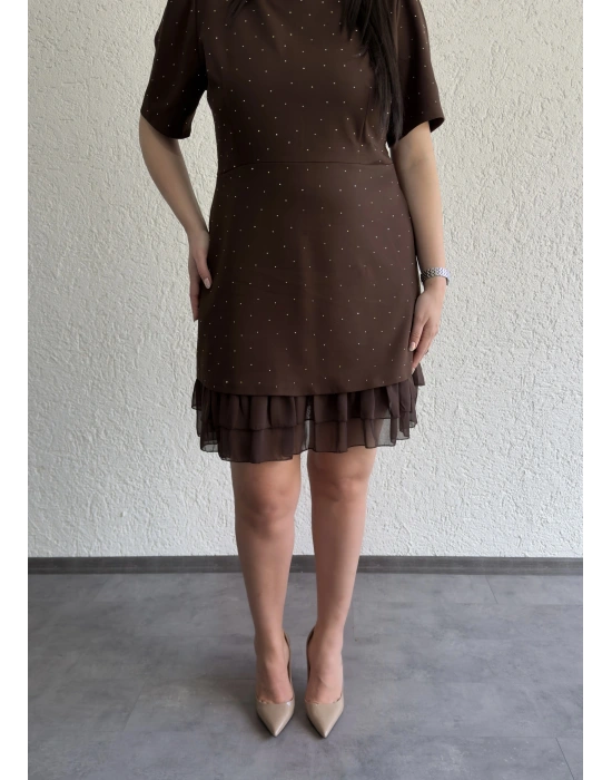 Kahverengi Taşlı Double Tül Fırfır Detaylı Elbise