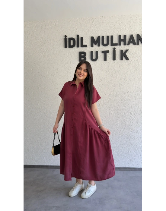 Bordo Etek Büzgülü Düğmeli Elbise