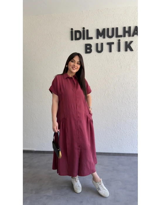 Bordo Etek Büzgülü Düğmeli Elbise
