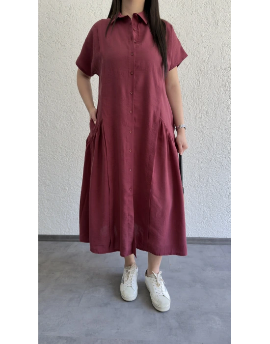 Bordo Etek Büzgülü Düğmeli Elbise