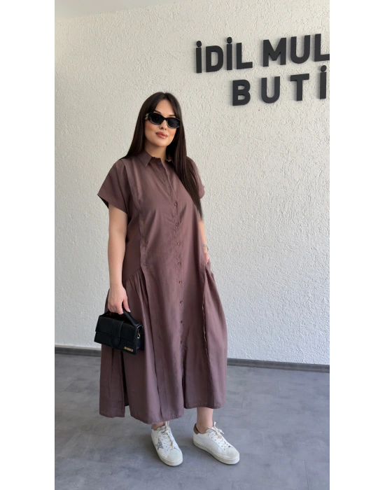 Kahverengi Etek Büzgülü Düğmeli Elbise