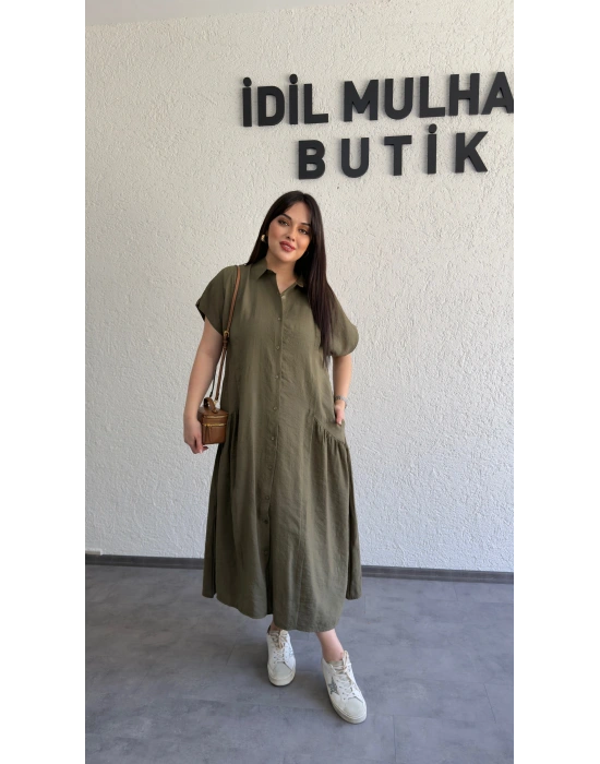 Haki Etek Büzgülü Düğmeli Elbise