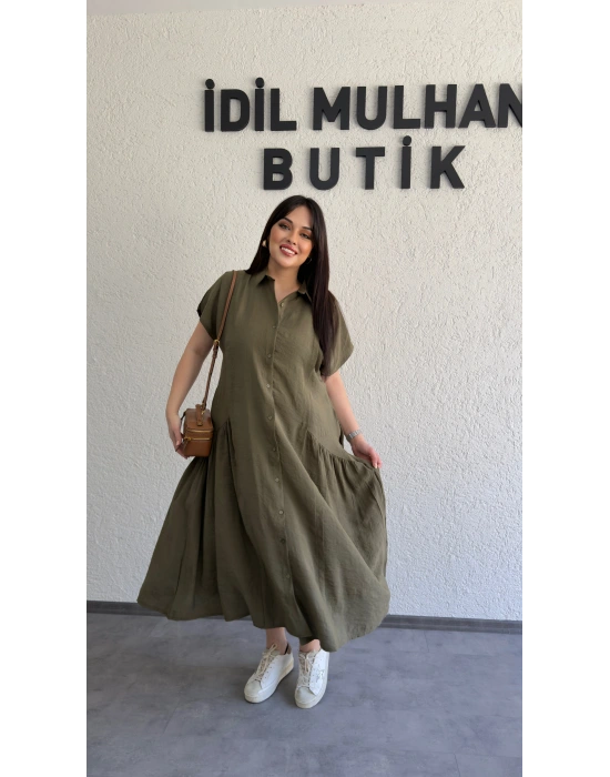 Haki Etek Büzgülü Düğmeli Elbise