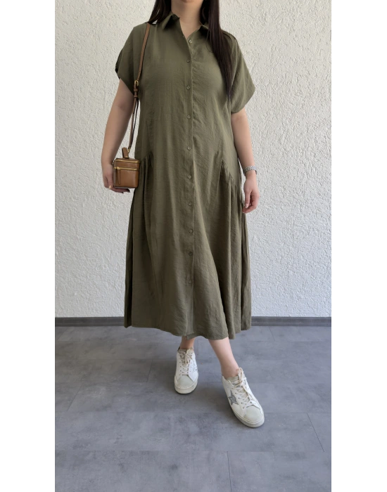 Haki Etek Büzgülü Düğmeli Elbise