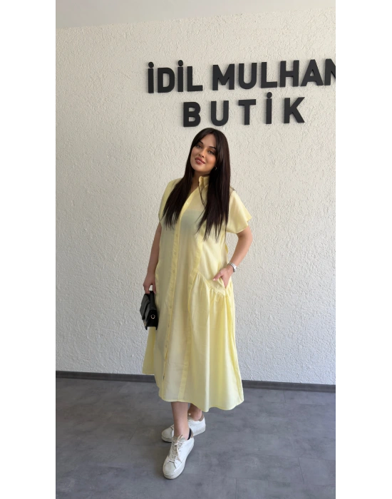 Limon Sarısı Etek Büzgülü Düğmeli Elbise
