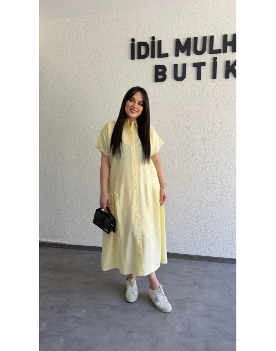 Limon Sarısı Etek Büzgülü Düğmeli Elbise