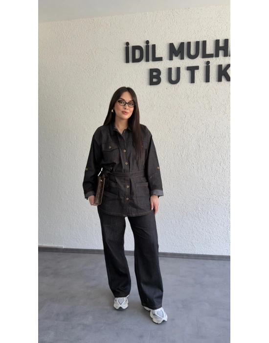 Siyah Düğmeli Kemerli Jean Takım