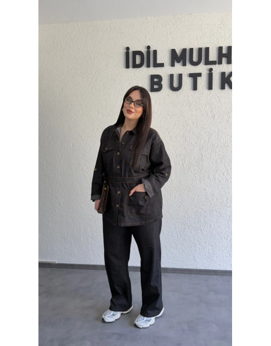 Siyah Düğmeli Kemerli Jean Takım