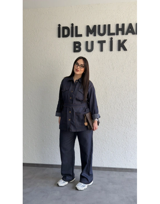 Lacivert Düğmeli Kemerli Jean Takım