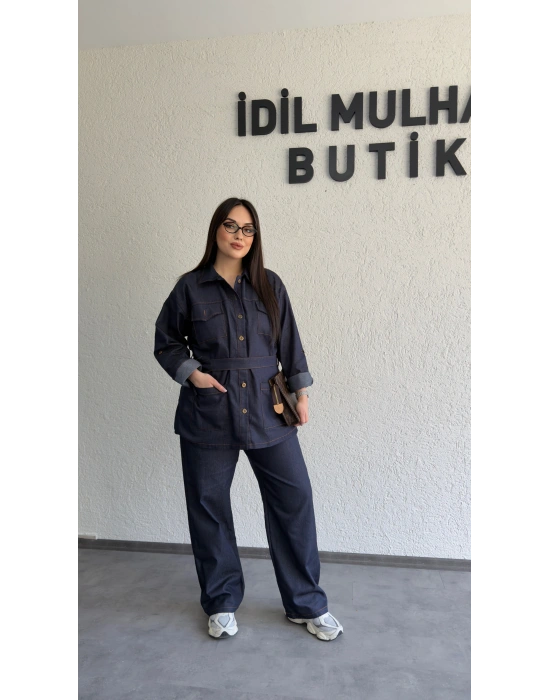 Lacivert Düğmeli Kemerli Jean Takım