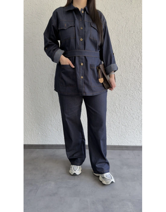 Lacivert Düğmeli Kemerli Jean Takım