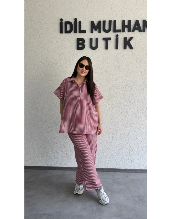 Bordo Çizgili Hafif Doku Günlük Takım