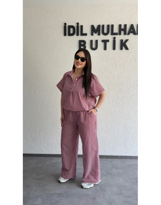 Bordo Çizgili Hafif Doku Günlük Takım