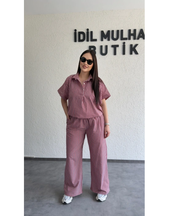 Bordo Çizgili Hafif Doku Günlük Takım