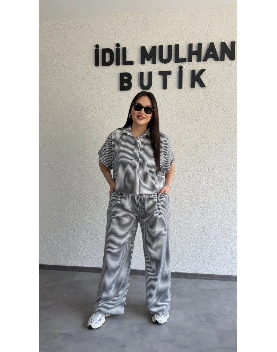 Siyah Çizgili Hafif Doku Günlük Takım