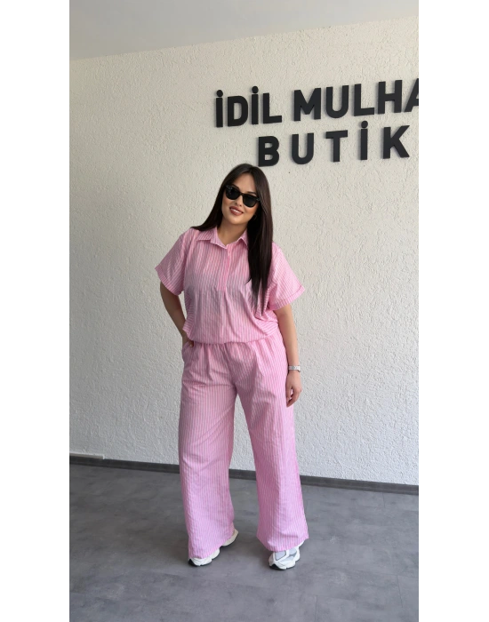 Pembe Çizgili Hafif Doku Günlük Takım