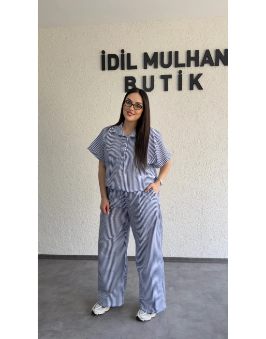 Mavi Çizgili Hafif Doku Günlük Takım
