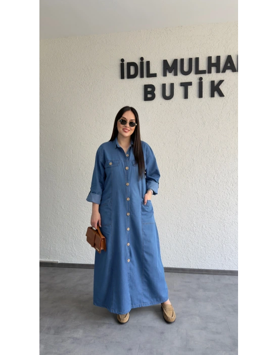 Mavi Premium Kot Cep Detaylı Gömlek Elbise