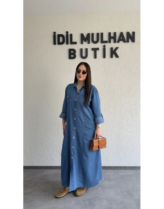Mavi Premium Kot Cep Detaylı Gömlek Elbise