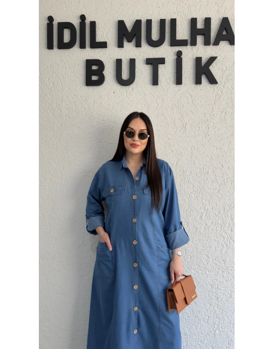 Mavi Premium Kot Cep Detaylı Gömlek Elbise