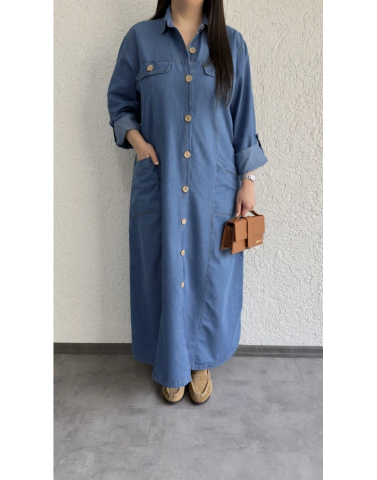 Mavi Premium Kot Cep Detaylı Gömlek Elbise