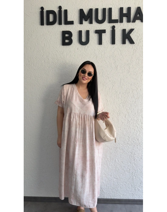 Pembe Batik Desenli Dökümlü Elbise