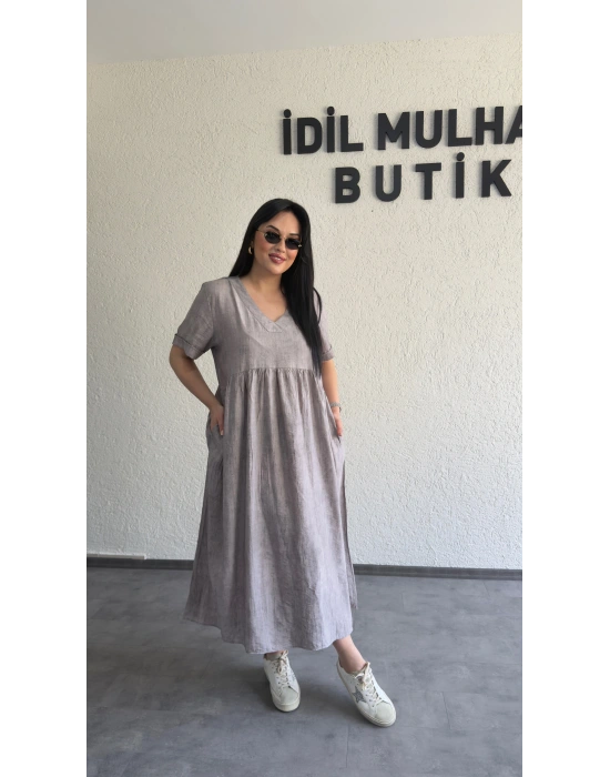 Gri Batik Desenli Dökümlü Elbise