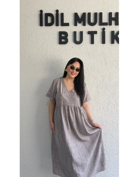 Gri Batik Desenli Dökümlü Elbise