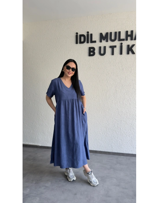 İndigo Mavi Batik Desenli Dökümlü Elbise