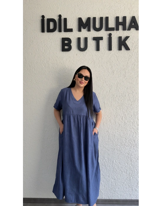 İndigo Mavi Batik Desenli Dökümlü Elbise