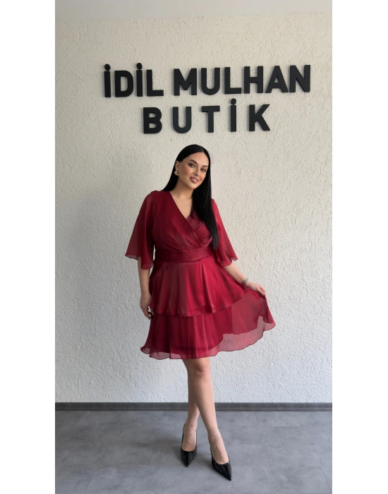 Kırmızı Kruvaze Yaka Kat Kat Elbise