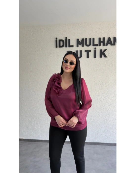 Fuşya Çiçekli Organze Bluz