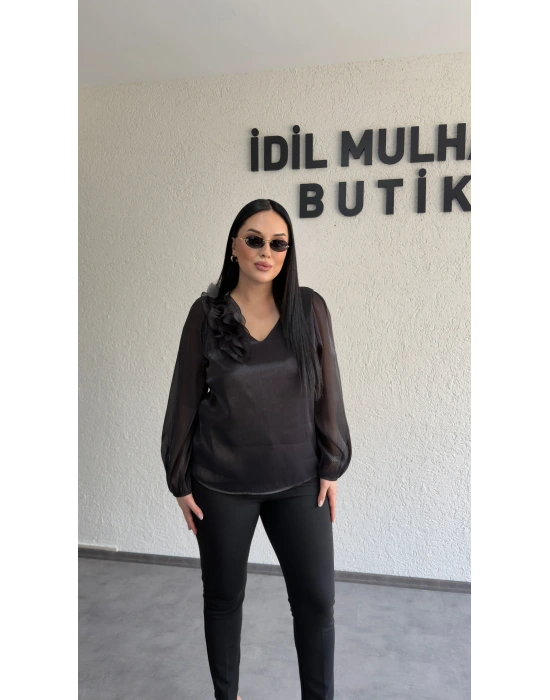 Siyah Çiçekli Organze Bluz