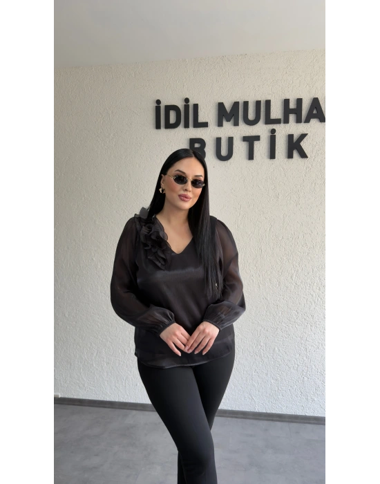 Siyah Çiçekli Organze Bluz