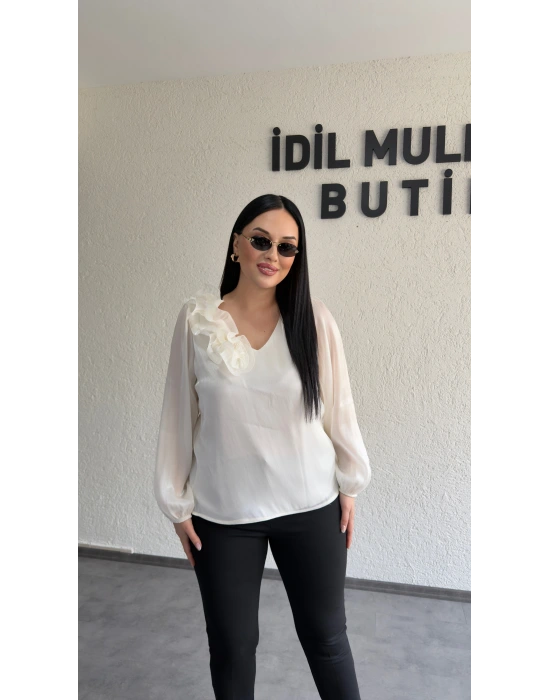 Ekru Çiçekli Organze Bluz