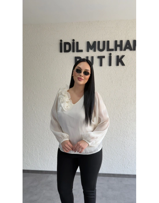 Ekru Çiçekli Organze Bluz