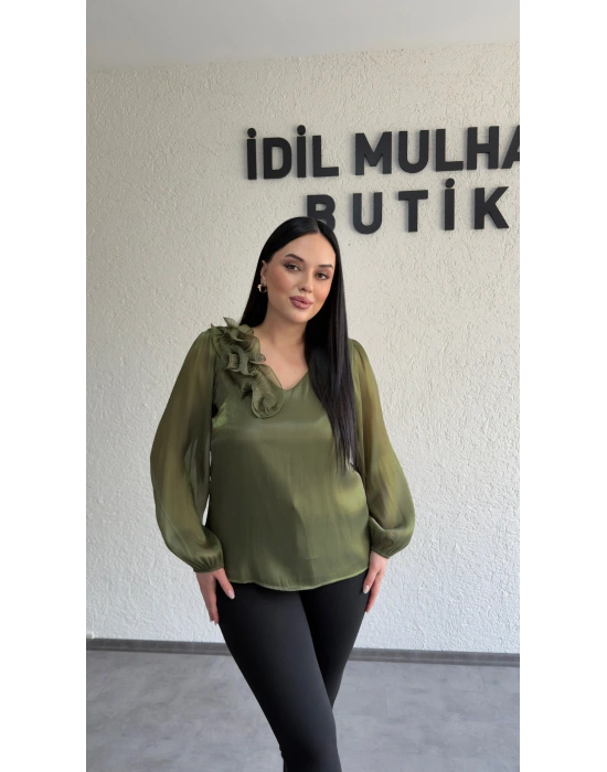 Yağ Yeşili Çiçekli Organze Bluz