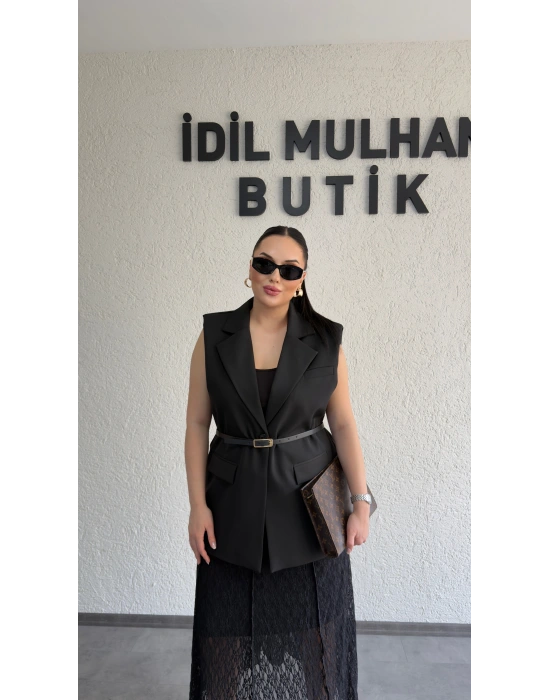 Siyah Vatkalı Premium Blazer Yelek