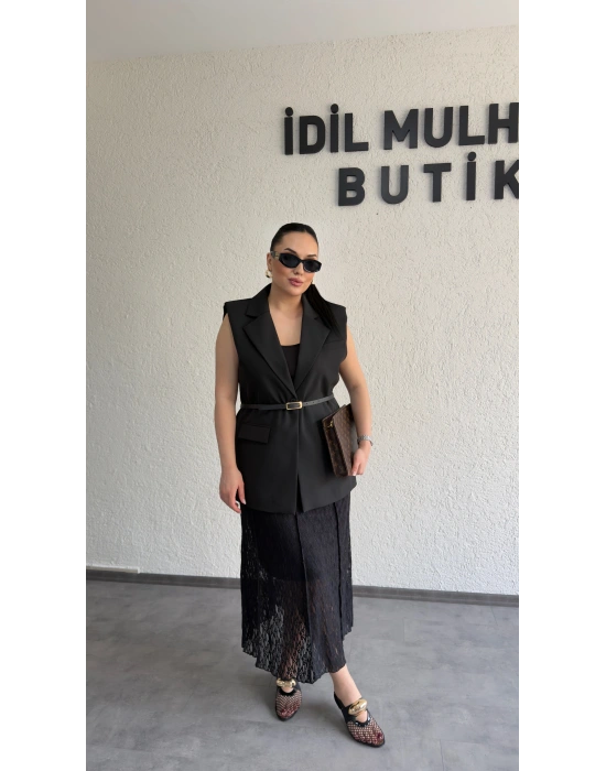 Siyah Vatkalı Premium Blazer Yelek