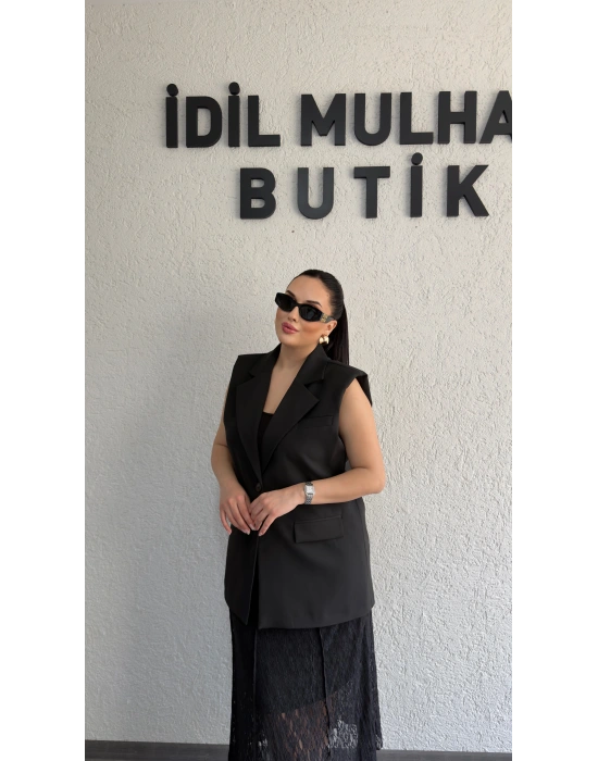 Siyah Vatkalı Premium Blazer Yelek