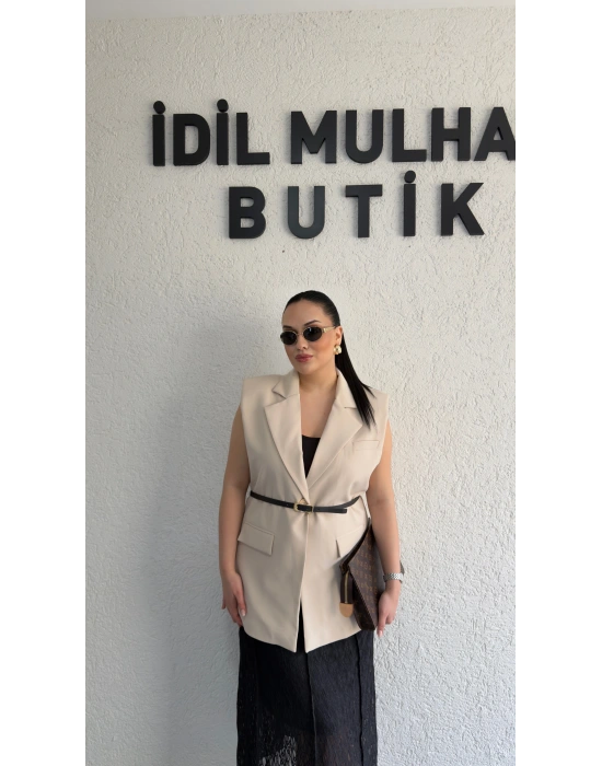 Bej Vatkalı Premium Blazer Yelek