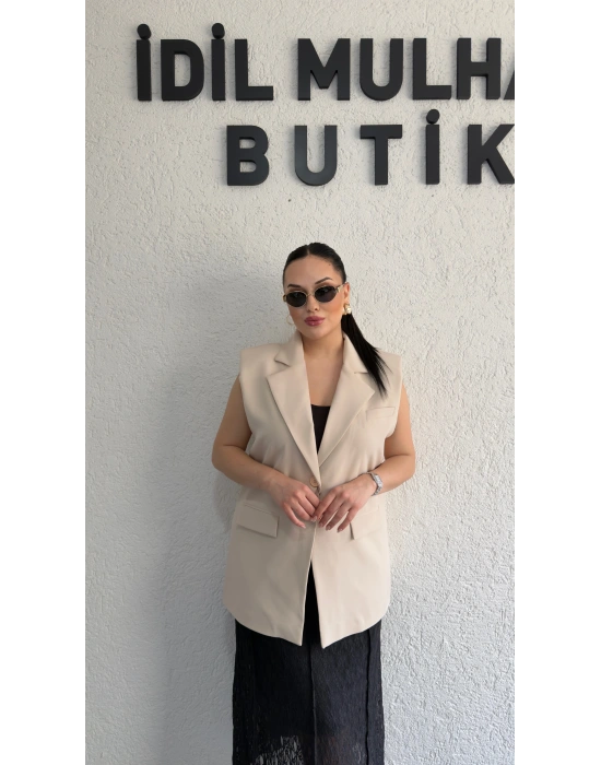 Bej Vatkalı Premium Blazer Yelek