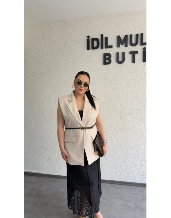 Bej Vatkalı Premium Blazer Yelek