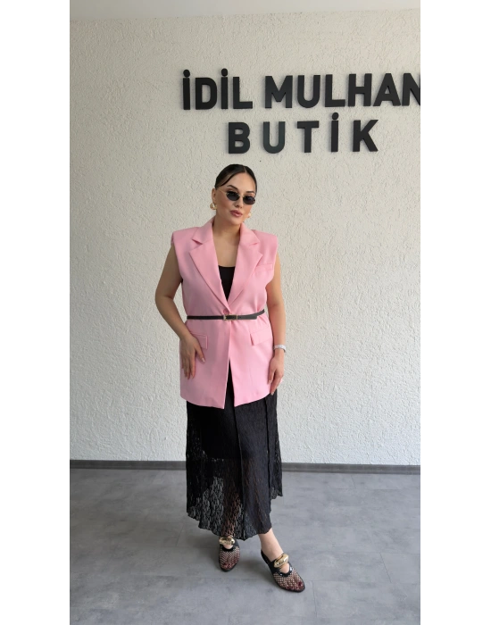 Pembe Vatkalı Premium Blazer Yelek