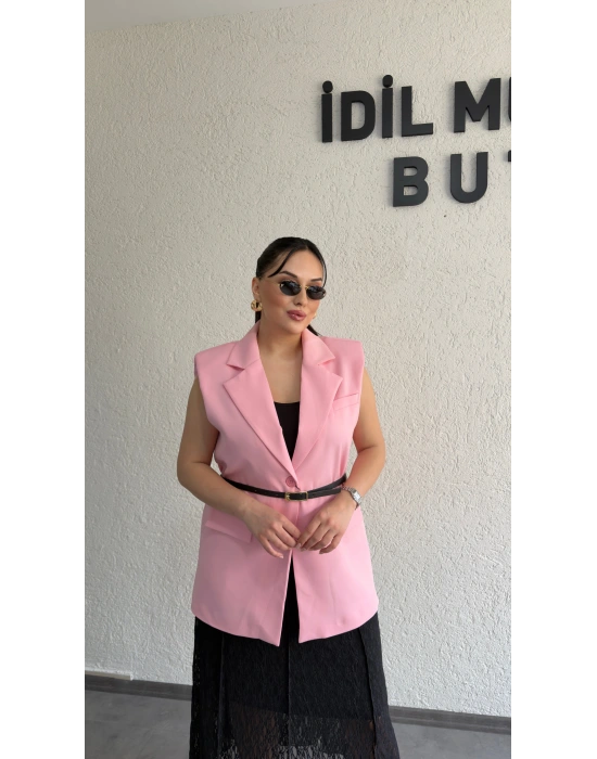 Pembe Vatkalı Premium Blazer Yelek