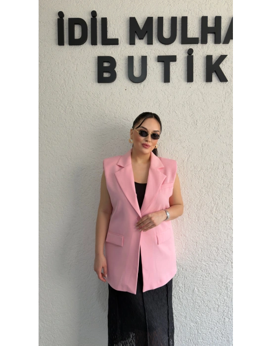 Pembe Vatkalı Premium Blazer Yelek