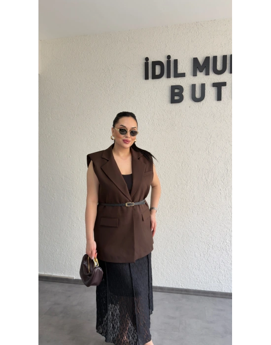 Kahverengi Vatkalı Premium Blazer Yelek