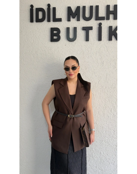Kahverengi Vatkalı Premium Blazer Yelek